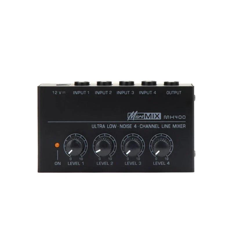 Black micromix mh400 ultra low-noise 4-channel audio line mixer with rotary knobs to enhance output power for noise studio live use