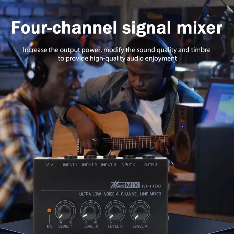 Black microl mix mh400 four-channel audio line mixer with silver knobs to enhance output power and reduce noise studio live