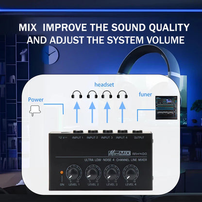 Black micromix mh400 audio line mixer with four rotary knobs to enhance output power in noise studio live settings
