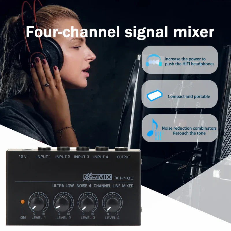 Black micromix mh400 four-channel audio line mixer with silver knobs and ports to enhance output power and reduce noise studio live