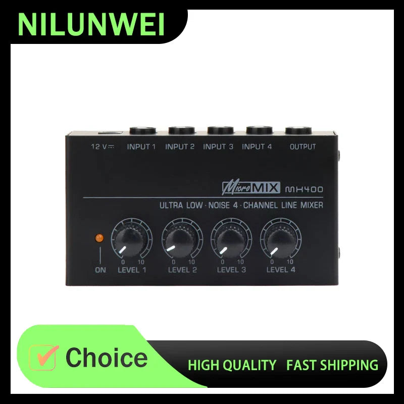 Black nilunwei micromix mh400 ultra low-noise 4-channel audio line mixer with rotary knobs to enhance output power