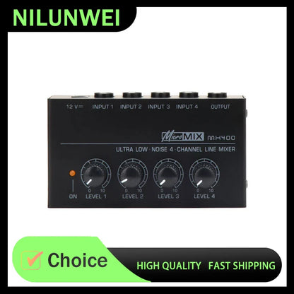 Black nilunwei micromix mh400 ultra low-noise 4-channel audio line mixer with rotary knobs to enhance output power