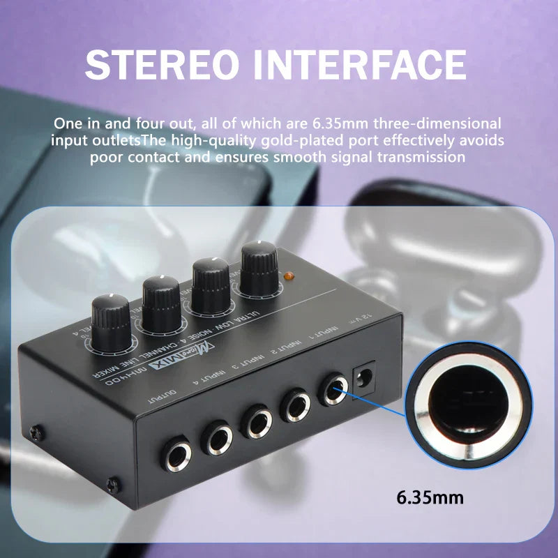 Black mix400 four-channel audio line mixer with four knobs and gold-plated jacks to enhance output power and reduce noise studio live