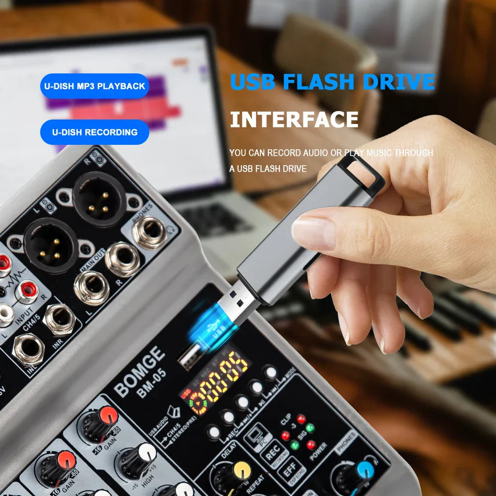 Black usb flash drive with metallic finish and cutout in mixer bm-05 dj mixing console met bluetooth phantom power monitor karaoke systeem