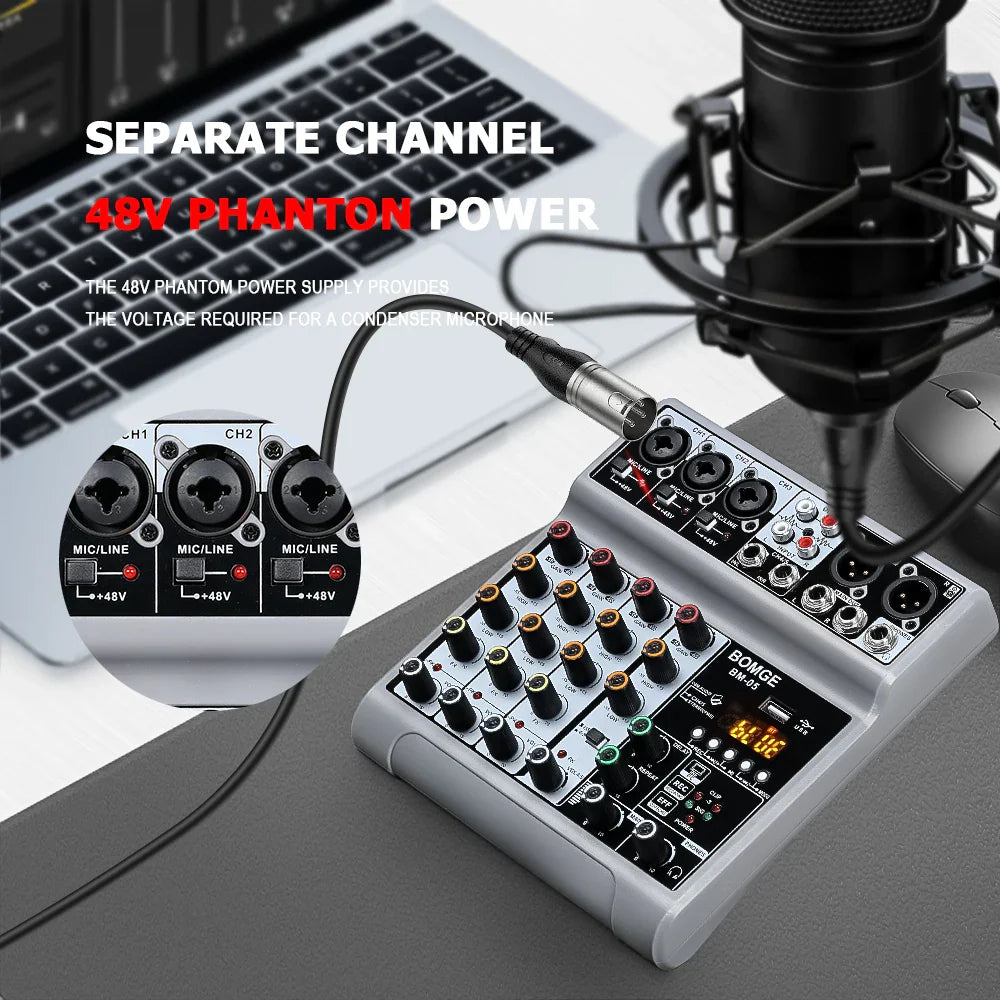 Gray and black bm-40 audio mixer with colorful knobs digital display and multiple input output ports for dj karaoke use