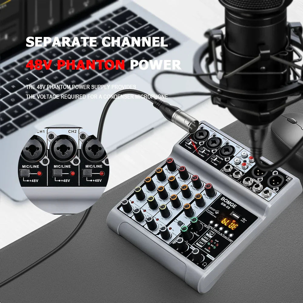 Gray bomge bm-40 audio mixer console met bluetooth with black knobs colorful rotary controls and phantom power monitor display