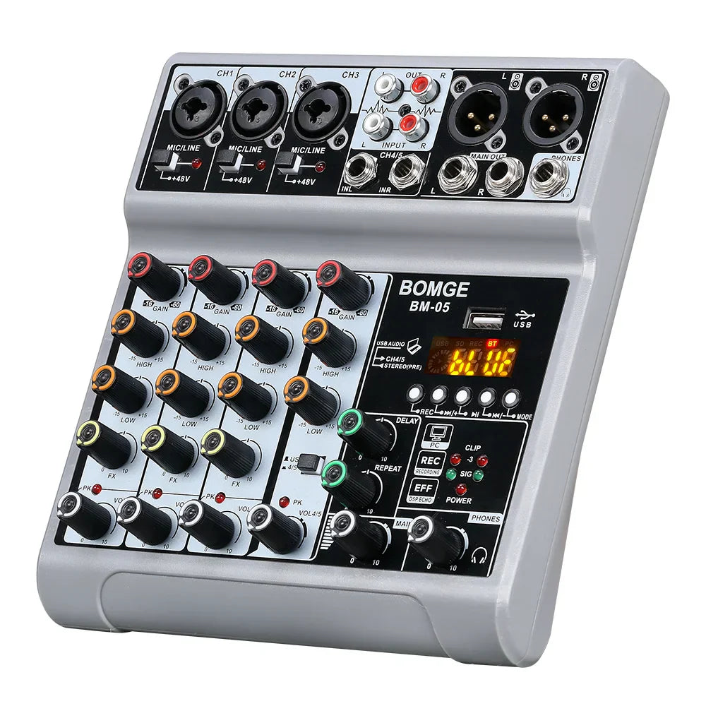 Gray bomge bm-05 audio mixer with black panel red and gold knobs digital display for console met bluetooth phantom power monitor karaoke systeem