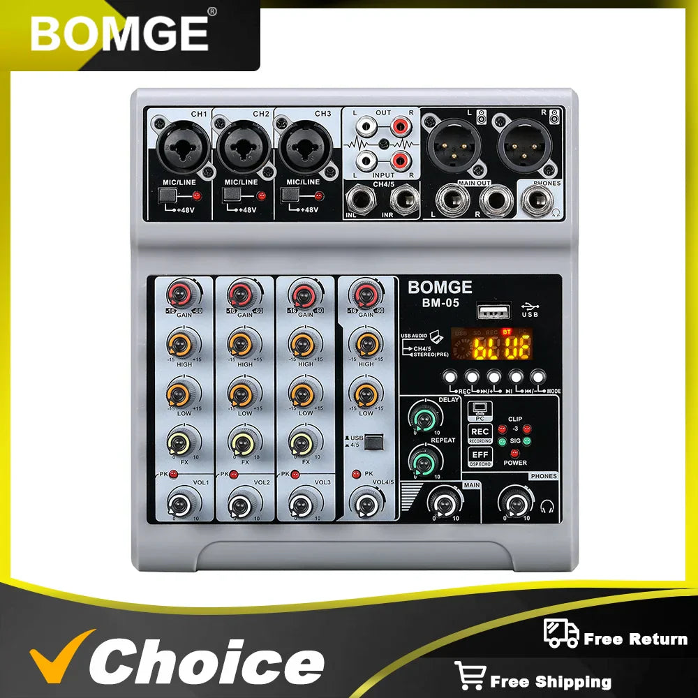 Gray bomge bm-05 audio mixer with black and silver knobs red led display usb ports console met bluetooth phantom power monitor karaoke systeem