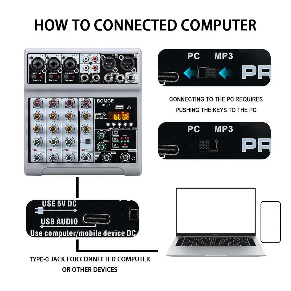 Silver bomge bm-05 audio mixer console met bluetooth with phantom power monitor and monitor karaoke systeem features digital display