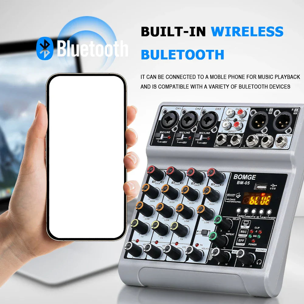 Silver bomge bm-05 dj mixing console met bluetooth and phantom power monitor with black and gold knobs and digital display