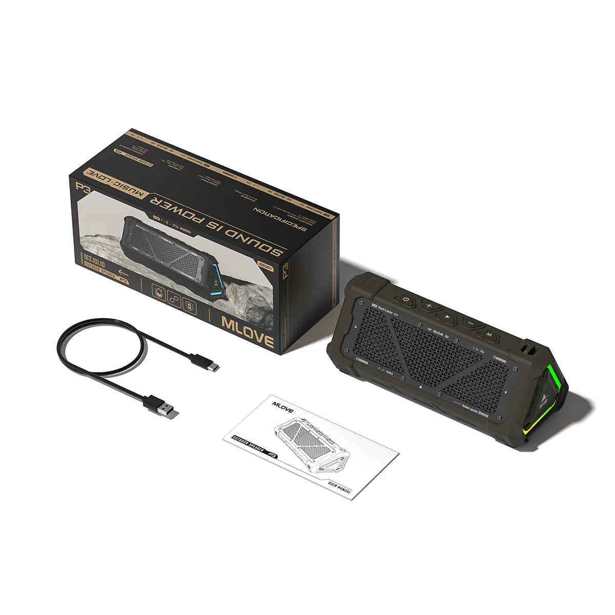 Olive green mlove p3 outdoor bluetooth speaker with black mesh grille micro sd card slot and glowing lime green light