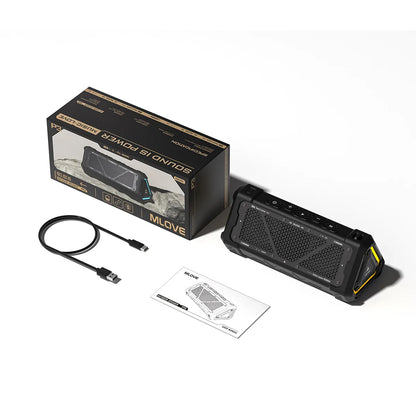 Black mLOVE P3 outdoor bluetooth speaker with yellow trim, textured mesh, micro SD card slot, and long battery life