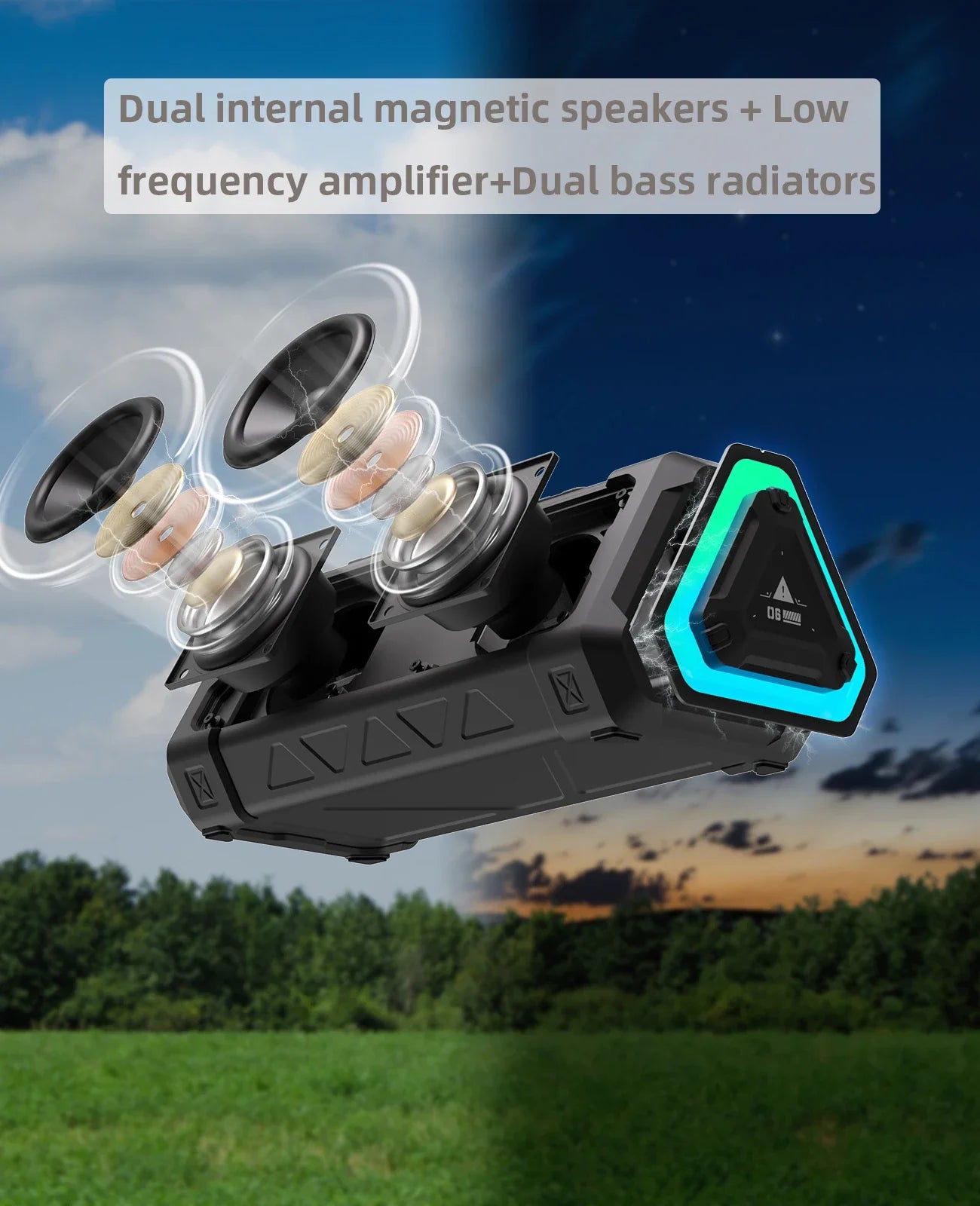 Black MLOVE P3 outdoor bluetooth speaker with glowing blue accent, micro SD card support, 40W power, and long battery life