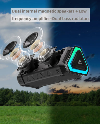 Black MLOVE P3 outdoor bluetooth speaker with glowing blue accent, micro SD card support, 40W power, and long battery life
