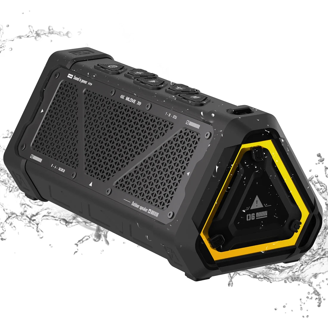 Black and yellow mLOVE P3 outdoor bluetooth speaker with rugged design, 40W output, micro SD card, and long battery life