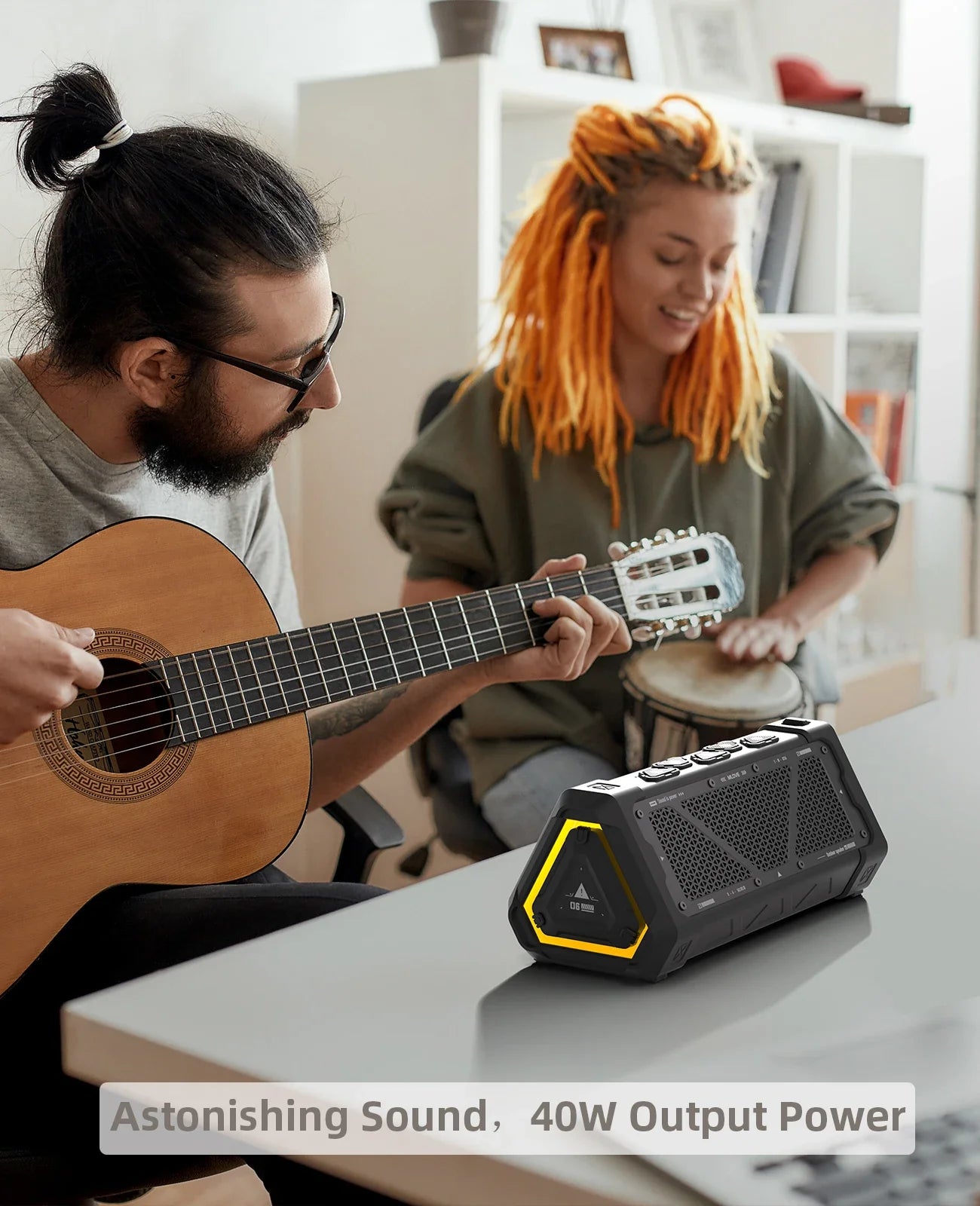 Black and yellow mlove p3 outdoor bluetooth speaker with mesh grille, micro sd card slot, and long battery life