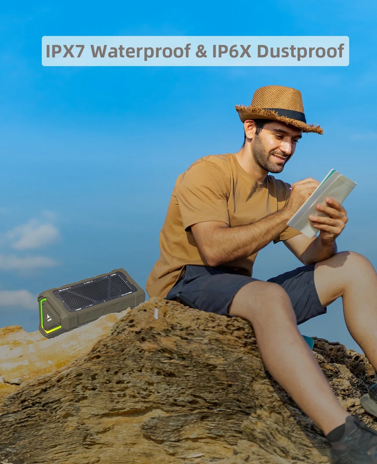 Olive green mLOVE P3 outdoor bluetooth speaker with solar panel, glowing lime lights, micro sd card, and long battery life