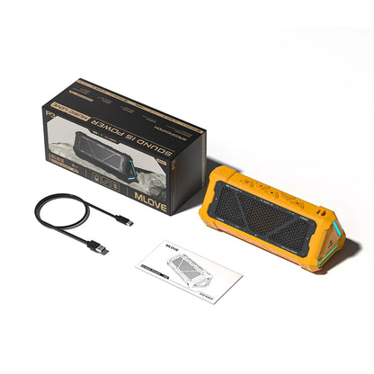 Vibrant yellow mlove p3 outdoor bluetooth speaker with black mesh grille teal accent lighting and micro sd card slot