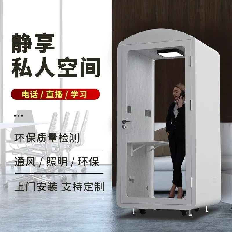 White modern steel privacy booth with glass panel for phone sound insulation and studio sleep silence use