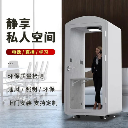 White modern steel privacy booth with glass panel for phone sound insulation and studio sleep silence use