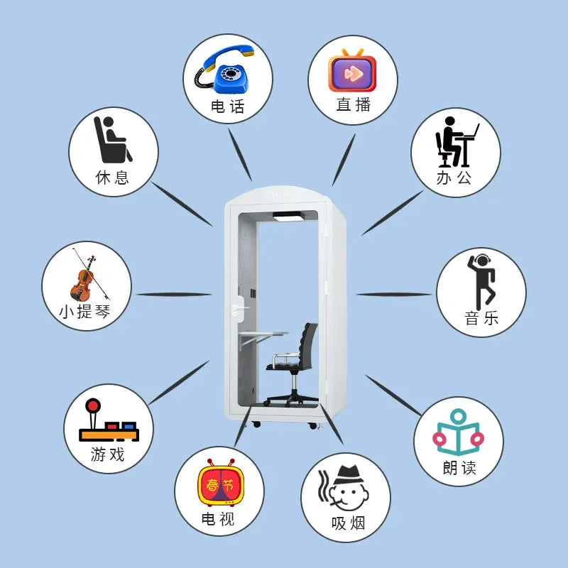 White steel mobile office pod with built-in desk and chair for phone sound insulation recording studio sleep silence use