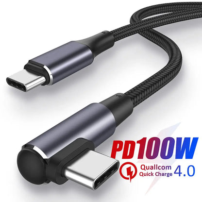Black nylon braided usb-c to usb-c cable pd 100w with 90 degree angled connector and 100w fast charging support