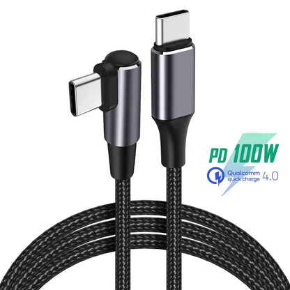 Black nylon braided usb c to usb c cable pd 100w with angled connector and 100w fast charging support