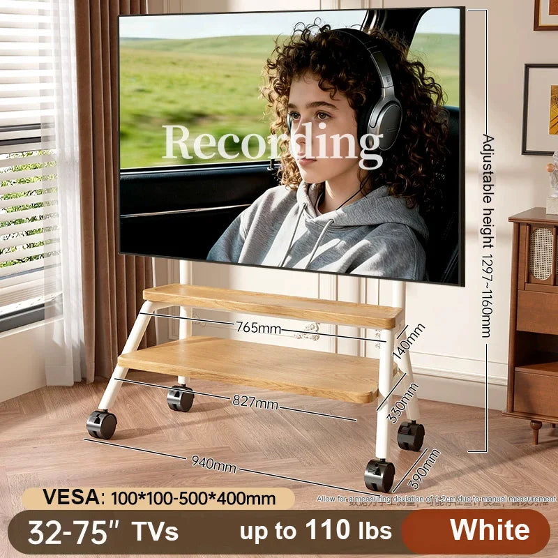 White mobile TV stand with black caster wheels and double wooden shelf height adjustable heavy-duty design