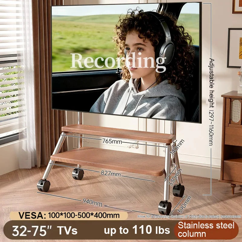 Adjustable height mobile tv stand with wooden shelves and stainless steel legs for 32-75 inch tvs up to 110 lbs