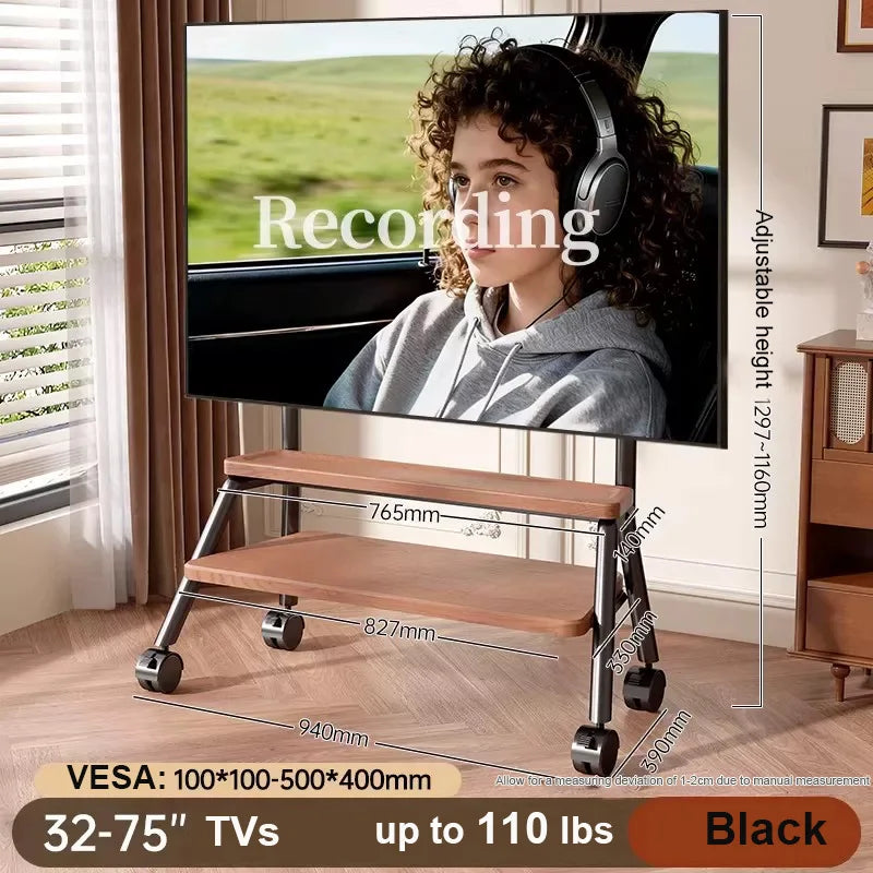 Black height adjustable heavy-duty mobile tv stand with wooden shelves and caster wheels for most 32-90 inch TVs