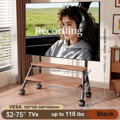 Black mobile tv stand with double wooden shelf caster wheels and height adjustable heavy-duty design for 32-90 inch TVs