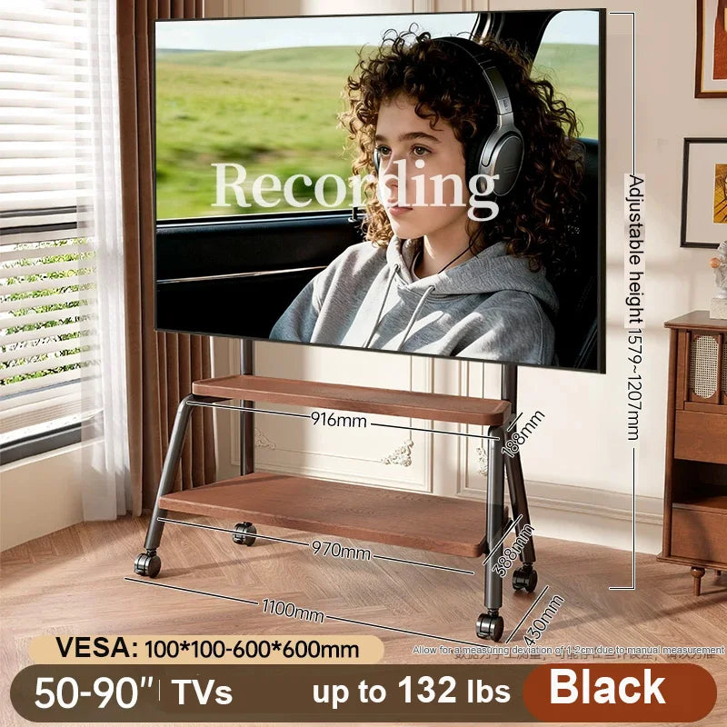 Black mobile tv stand with height adjustable heavy-duty frame, double wooden shelf, and caster wheels for 32-90 inch TVs