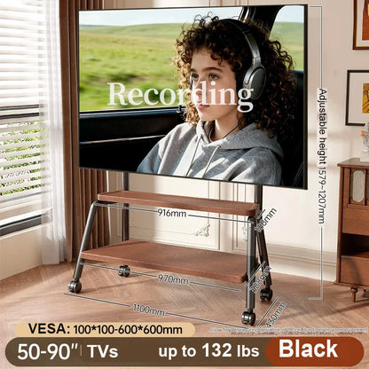 Black mobile tv stand with height adjustable heavy-duty frame, double wooden shelf, and caster wheels for 32-90 inch TVs