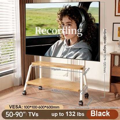 Black mobile tv stand with double wooden shelf caster wheels and height adjustable heavy-duty frame for 32-90 inch tvs