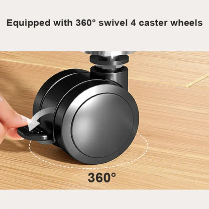 Black 360-degree swivel caster wheel with durable metal construction on height adjustable heavy-duty mobile tv stand with double wooden shelf