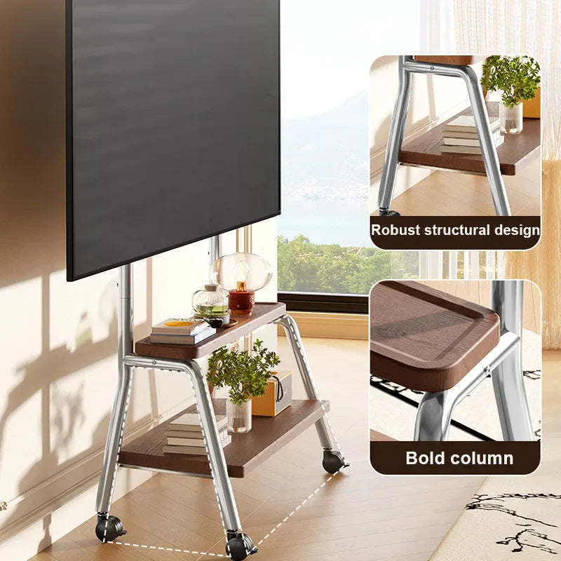 Silver metal frame mobile tv stand with double wooden shelf height adjustable heavy-duty caster wheels and bold column design