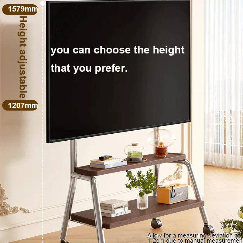Mobile tv stand with height adjustable heavy-duty silver metal frame and double wooden shelf on caster wheels for mobility