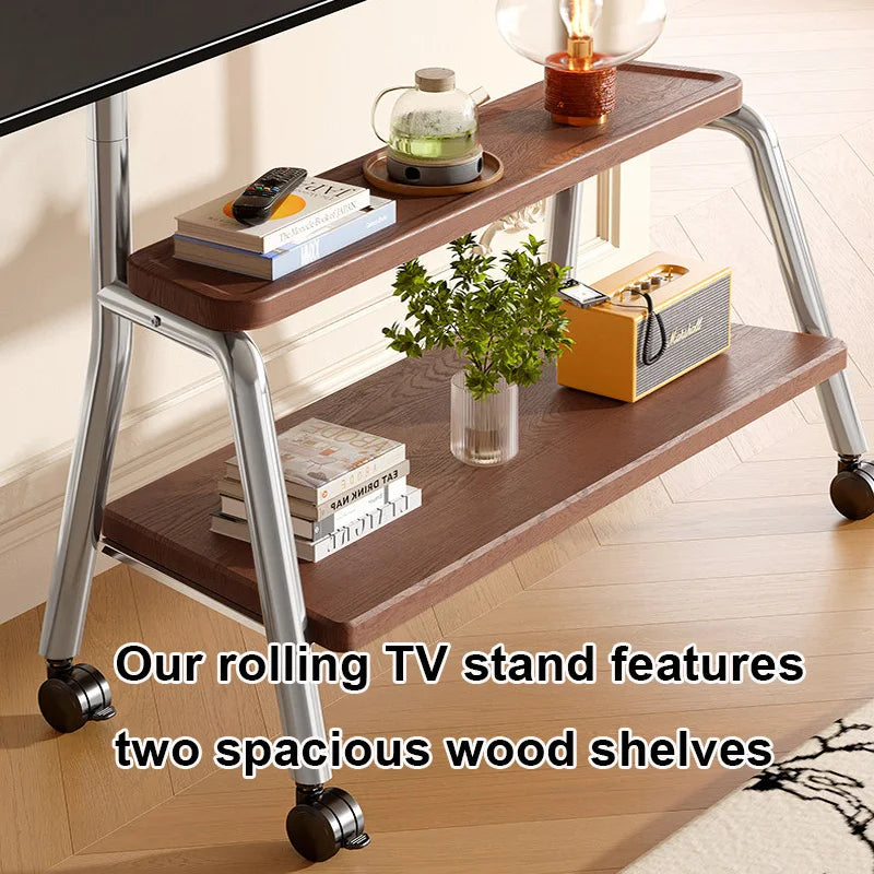 A sleek mobile tv stand with height adjustable heavy-duty polished chrome legs and double wooden shelf in dark wood