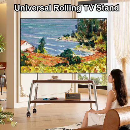 Mobile tv stand rolling tv cart with chrome metal legs dark wood shelves height adjustable heavy-duty design for 32-90 inch tvs