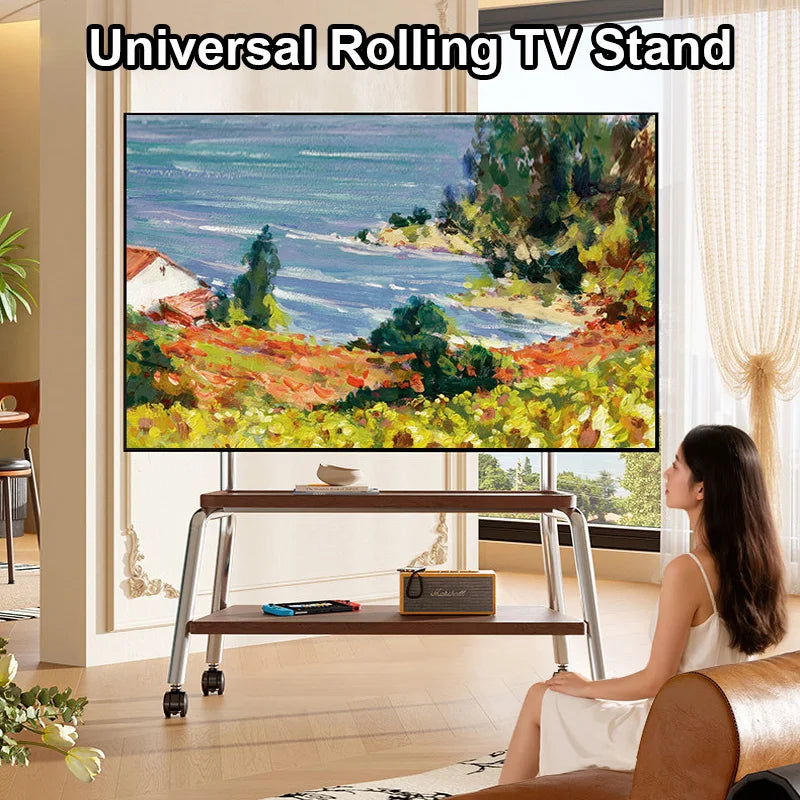 Mobile tv stand with double wooden shelf and chrome metal legs in dark wood finish height adjustable heavy-duty design