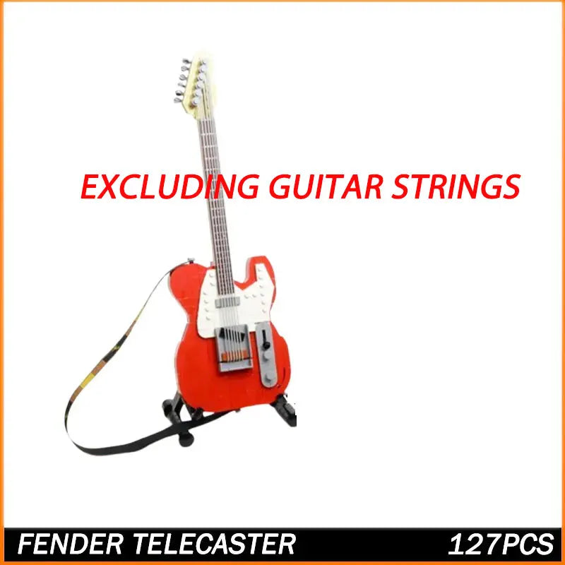 Red fender telecaster moc building block model made of plastic with white pickguard and silver hardware musical instrument ornaments