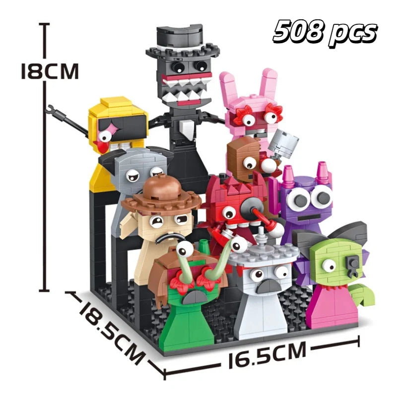 A colorful collection of 508-piece moc game sprunki building blocks horror anime friends figures bricks toys set