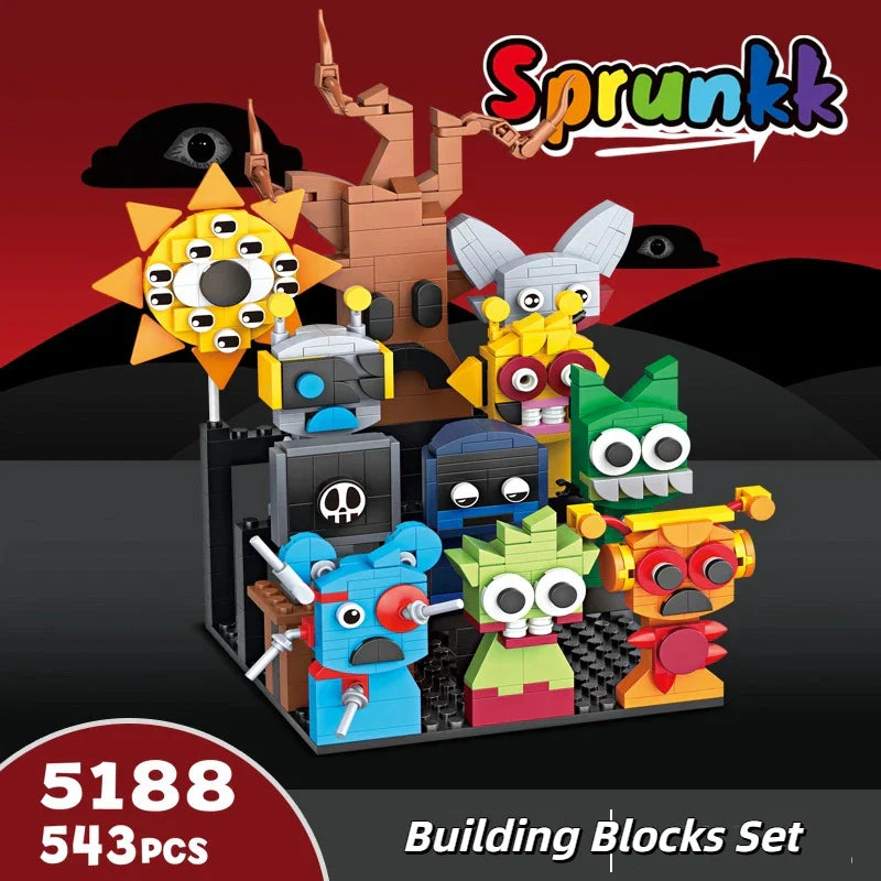 Colorful moc game sprunki building blocks horror set featuring whimsical friends figures bricks made of interlocking plastic pieces