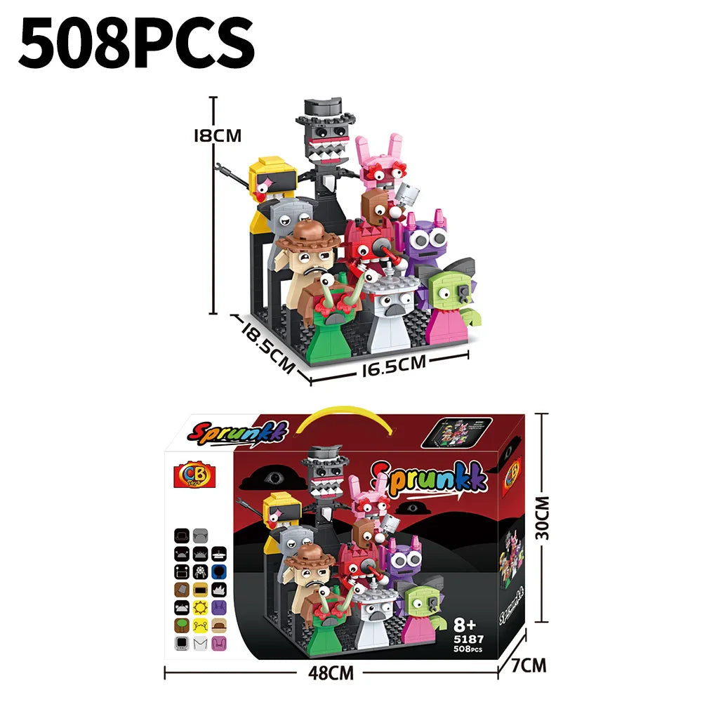 Sprunkk 508-piece moc game sprunki building blocks horror set featuring colorful friends figures bricks in dynamic scene
