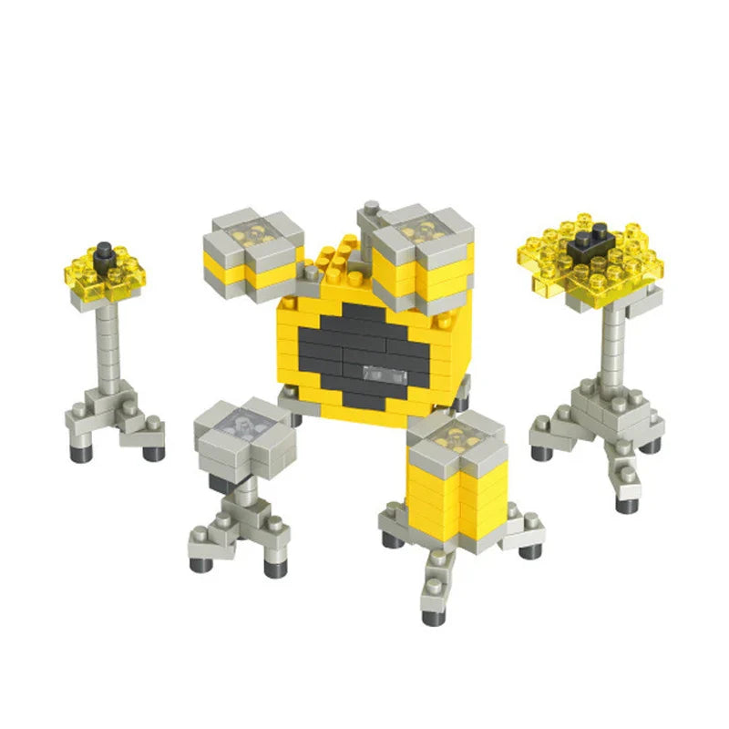 Yellow and gray abs plastic musical instrument building blocks featuring a central creature with piano guitar diy pieces