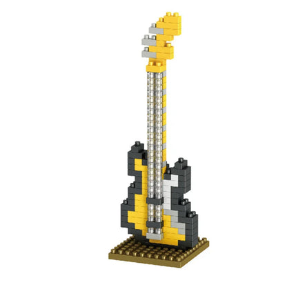 Yellow and black electric guitar model made of interlocking plastic bricks for musical instrument building and guitar diy assembly