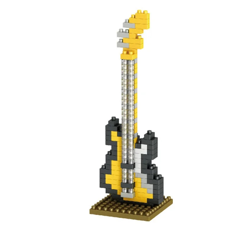 Yellow and black electric guitar musical instrument building model made from abs plastic mini piano guitar diy assembly bricks