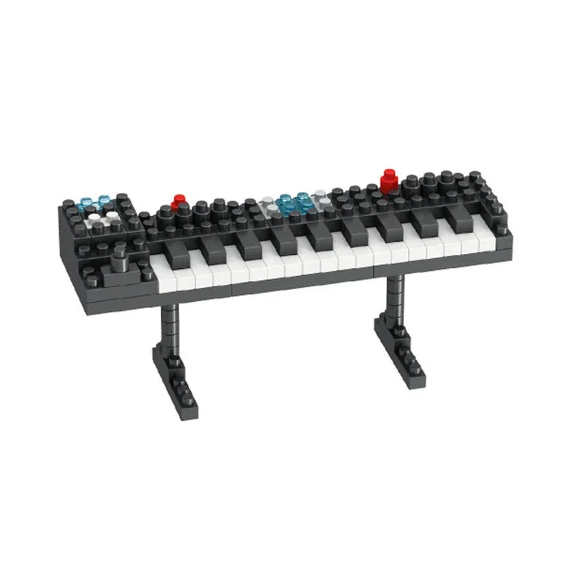 Black and white mini piano guitar made of ABS plastic musical instrument building blocks with red and blue translucent accents
