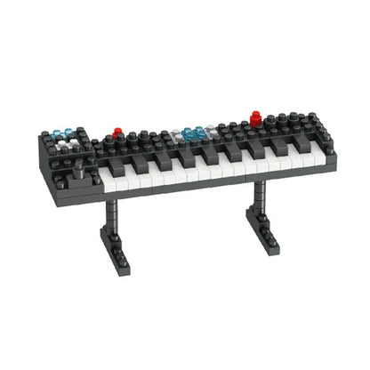 Black and white musical instrument building keyboard with red and blue translucent accents made of abs plastic bricks for piano guitar diy assembly