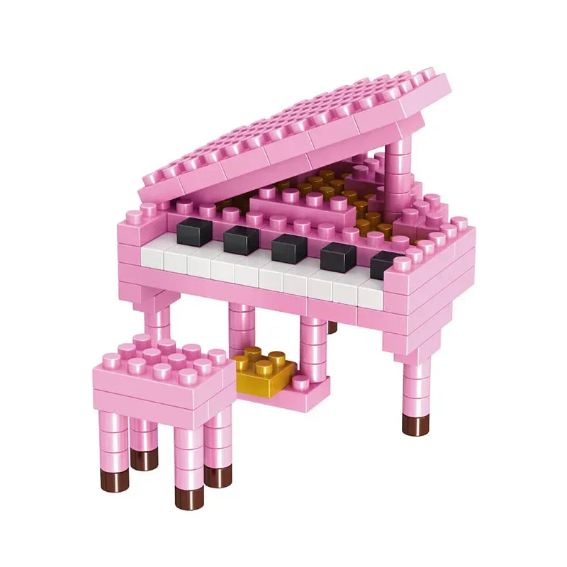 Pink grand piano musical instrument building blocks with black white keys gold pedals and matching pink stool for diy assembly